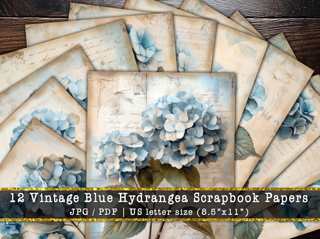 Vintage Blue Hydrangea Digital Scrapbook Paper, Floral Junk Journal ...