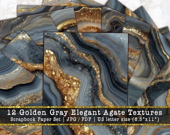 Golden Gray Agate Digital Paper | Elegant Geode Marble Scrapbook Background, Metallic Gold Junk Journal Pages (Digital Download)