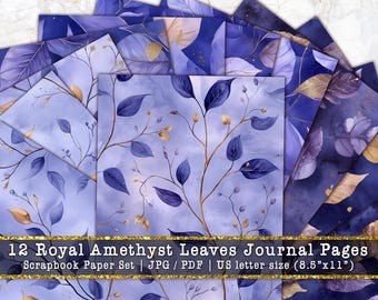 Royal Amethyst Leaves Journal Pages | Purple Gold Botanical Scrapbook Background, Elegant Lilac Leaf Junk Journal Paper (Digital Download)
