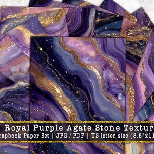 May include: A set of 12 digital scrapbook papers featuring royal purple agate stone textures with gold glitter accents. Each sheet measures 21.59 cm by 27.94 cm. The collection includes JPG and PDF files with swirling purple and gold patterns.