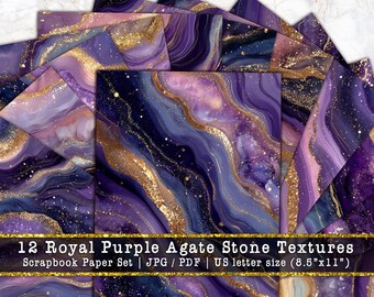 Royal Purple Agate Digital Paper | Elegant Geode Marble Scrapbook Background, Metallic Gold Vein Junk Journal Pages (Digital Download)