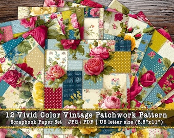 Vivid Color Vintage Patchwork Digital Paper | Retro Floral Quilt Scrapbook Backgrounds (Digital Download)