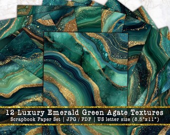 Luxury Emerald Green Agate Textures | Deep Jade Geode Marble Scrapbook Background, Gold Vein Junk Journal Pages (Digital Download)