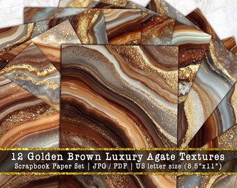 Golden Brown Agate Digital Paper | Luxury Geode Marble Scrapbook Background, Metallic Gold Junk Journal Pages (Digital Download)