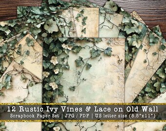 Rustic Ivy Vines Lace Digital Paper, Vintage Old Wall Scrapbook Backgrounds (Digital Download)