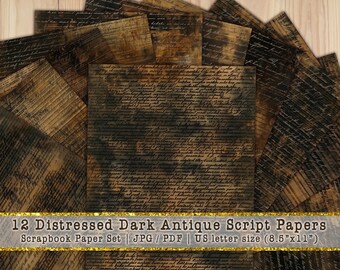 Distressed Dark Antique Script Pages | Moody Black Vintage Handwriting Junk Journal Paper (Digital Download)