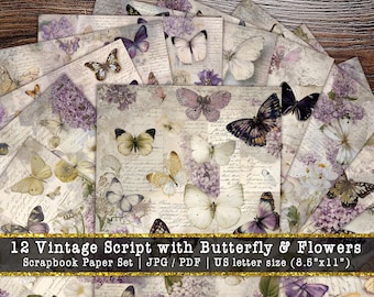 Vintage Script Butterfly Paper | Botanical Junk Journal Pages (Digital Download)