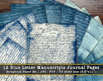 Blue Letter Manuscripts Journal Pages | Vintage Indigo Handwriting Scrapbook Papers, Antique Cyanotype Lettering Sheets (Digital Download)
