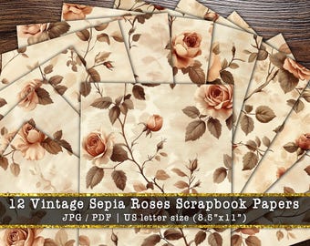 Vintage Sepia Roses Scrapbook Papers | Romantic Floral Junk Journal Pages | Antique Rose Background (Digital Download)