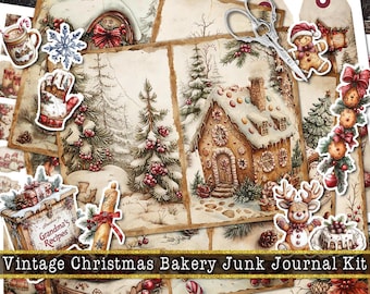 May include: A vintage Christmas bakery junk journal kit with various stickers and paper cutouts. The kit includes images of a gingerbread house, Christmas trees, and other holiday-themed elements. The text "Grandma's Recipes" is visible on a wooden box.