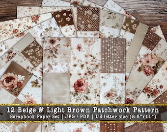 Beige & Light Brown Patchwork Digital Paper | Vintage Neutral Quilt Scrapbook Backgrounds (Digital Download)