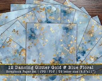 Soft Blue Floral Scrapbook Paper | Gold Glitter Botanical Backgrounds (Digital Download)