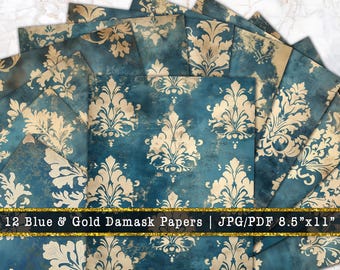 Blue Gold Damask Digital Paper - Antique Royal Floral (Digital Download)