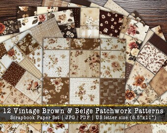 Vintage Floral Patchwork Digital Paper | Neutral Quilt Scrapbook Background (Digital Download)