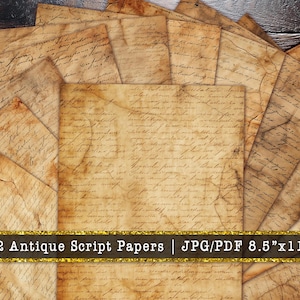 May include: A collection of twelve antique script papers, each with aged, sepia-toned textures and handwritten script. The papers are 8.5" x 11" in size, ideal for vintage-themed projects. The papers are arranged in a fan shape.