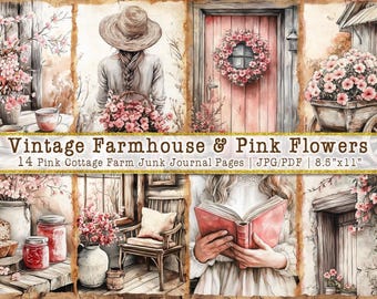 Vintage Farmhouse Pink Flowers Junk Journal Pages | Cottage Garden Spreads (Digital Download)