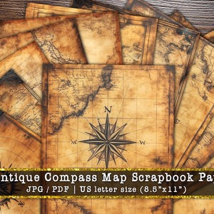 May include: A collection of antique-style scrapbook papers with a vintage map design. The papers feature a compass rose and aged, sepia tones. The text on the image reads "12 Antique Compass Map Scrapbook Papers". Each paper is 8.5" x 11".