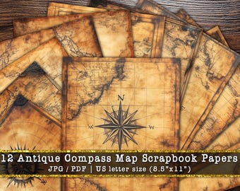 Papier pour scrapbooking carte antique | Pages de journal boussole vintage (téléchargement numérique)