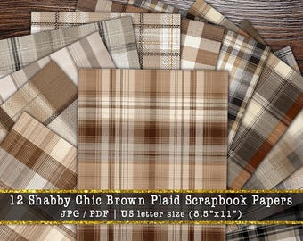 Shabby Chic Brown Plaid Digital Paper | Vintage Gingham Scrapbook Backgrounds (Digital Download)