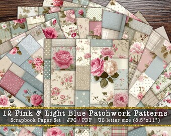 Pink & Light Blue Patchwork Scrapbook Paper | Vintage Pastel Quilt Digital Background (Digital Download)