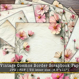 Puede incluir: Un conjunto de 12 papeles de scrapbook vintage con un diseño de borde de flores de cosmos. Los papeles presentan flores de cosmos rosas y blancas con centros amarillos, sobre un fondo blanco roto texturizado. Tamaño US letter (21,6 cm x 27,9 cm).