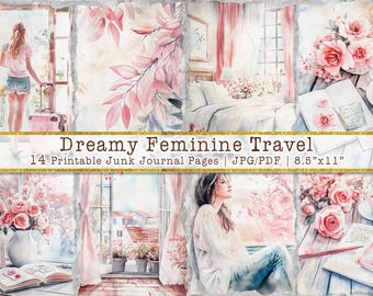 Feminine Travel Junk Journal Pages | Pink Watercolor Ephemera (Digital Download)