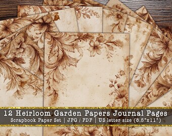Heirloom Garden Papers Journal Page | Vintage Sepia Floral Scrapbook Background, Antique Botanical Writing Sheets (Digital Download)