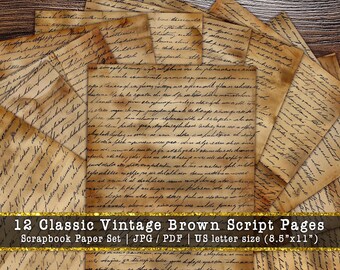 Classic Vintage Brown Script Pages | Antique Handwriting Junk Journal Sheets (Digital Download)