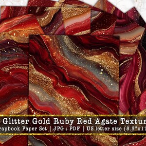 May include: A set of 12 digital scrapbook paper textures featuring swirling patterns of ruby red, deep burgundy, and shimmering gold glitter. The text on the image reads: 12 Glitter Gold Ruby Red Agate Textures Scrapbook Paper Set | JPG / PDF | US letter size (8.5"x11").