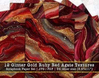 Glitter Gold Ruby Red Agate Textures | Luxury Crimson Marble Scrapbook Background, Deep Red Junk Journal Pages (Digital Download)