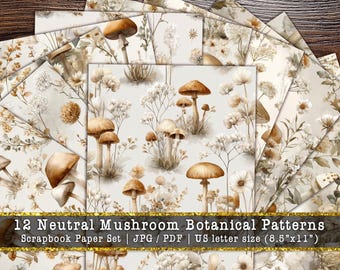 Neutral Mushroom Botanical Patterns Scrapbook, Vintage Woodland Forest Background, Fungi Junk Journal Pages (Digital Download)