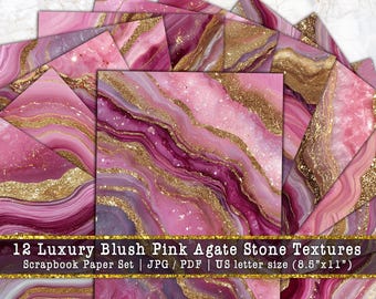 Luxury Blush Pink Agate Textures | Rose Quartz Geode Marble Scrapbook Background, Gold Vein Junk Journal Pages (Digital Download)
