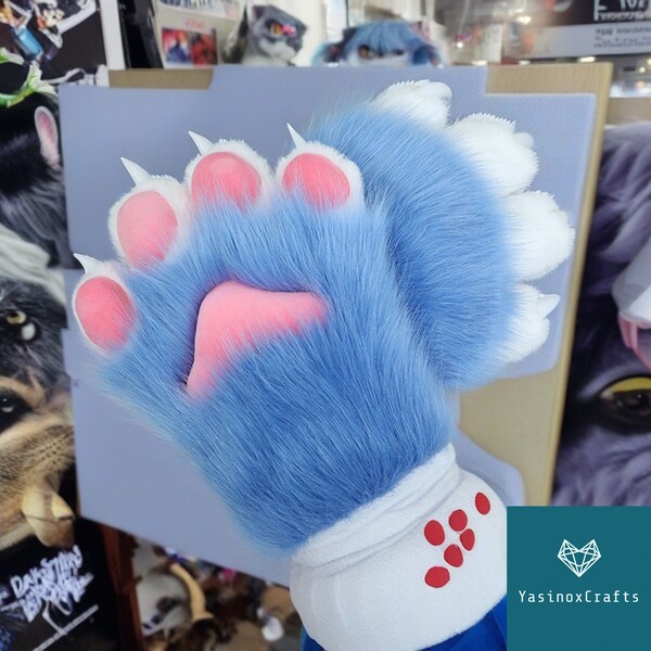 Fursuit Hand Paws with Fur, Cheap Cat Gloves, Blue Pink Color Fursuit Gloves, Handmade Furry Paws, Furry Art, Faux Fur Paws with 4 Finger