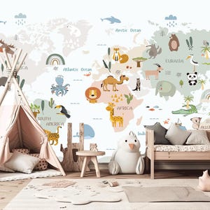Mural de la pared del mapa del mundo de los animales, pelar y pegar el fondo de pantalla de los niños, fondo de pantalla extraíble, fondo de pantalla de la guardería, fondo de pantalla del mapa del mundo, decoración de la pared de los niños,