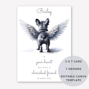 Carte de sympathie pour chien, bouledogue français avec ailes d'ange, carte commémorative de bouledogue français, perte de chien, carte de chien de pont arc-en-ciel, carte de chien imprimable