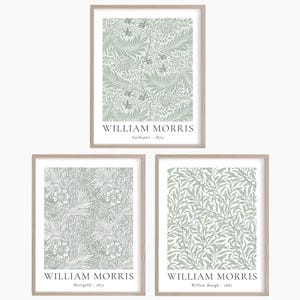 May include: Three framed prints of William Morris floral patterns. The top print features a green and white "Larkspur" pattern. The middle print features a green and white "Marigold" pattern. The bottom print features a green and white "Willow Bough" pattern.