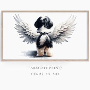 Shih Tzu Frame TV Art, cane con ali d'angelo. Cornice artistica TV commemorativa in bianco e nero di Shih Tzu, memoriale per animali domestici, arte TV per cani, stile artistico acquerello