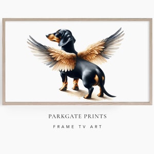 Dachshund Frame TV Art, Sausage Dog with Angel Wings. Black and Tan Dachshund TV art frame, dog memorial, Dog TV art, watercolour art style