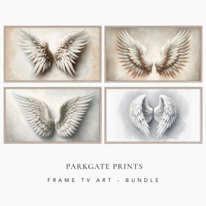 May include: Set of four framed prints featuring white angel wings in different poses and color variations. The prints have a light beige background and are arranged in a grid pattern. The text "PARKGATE PRINTS" and "FRAME TV ART - BUNDLE" is displayed below the prints.