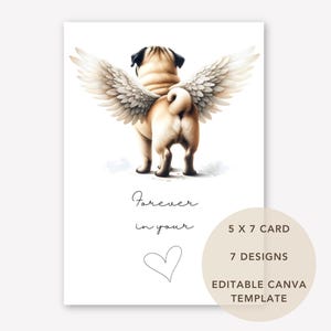Tarjeta de perro Pug, perro con alas de ángel, tarjeta conmemorativa de Pug, tarjeta de condolencias para perros, pérdida de un perro, tarjeta de perro Rainbow Bridge, tarjeta de perro editable e imprimible