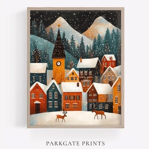 Escena de pueblo navideño, una pintura caprichosa en estilo de arte popular, arte de pared navideño acogedor, decoración rústica.