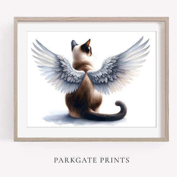 Siamese Cat Angel Wings Art Print, Cat with Angel Wings, Siamese Cat Memorial, Cat Tribute, Cat Art, Watercolour, Rainbow Bridge Cat Print,