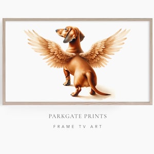 Dachshund Frame TV Art, Sausage Dog with Angel Wings. Tan Dachshund TV art frame, dog memorial, Dog TV art, dog loss, watercolour art style