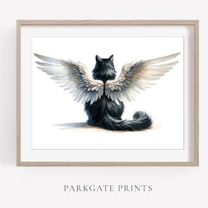 黒猫の天使の羽のアートプリント、天使の羽を持つ猫、黒猫の記念碑、猫のトリビュート、猫のアート、水彩画、虹の橋の猫のプリント、
