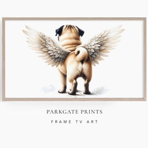 Pug Frame TV Art, Dog with Angel Wings. Pug dog memorial TV art frame, pet loss memorial portrait, TV art Dog, watercolour art style
