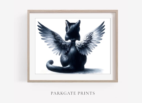 Black Cat Angel Wings Watercolor Art Print: Pet Memorial (digital