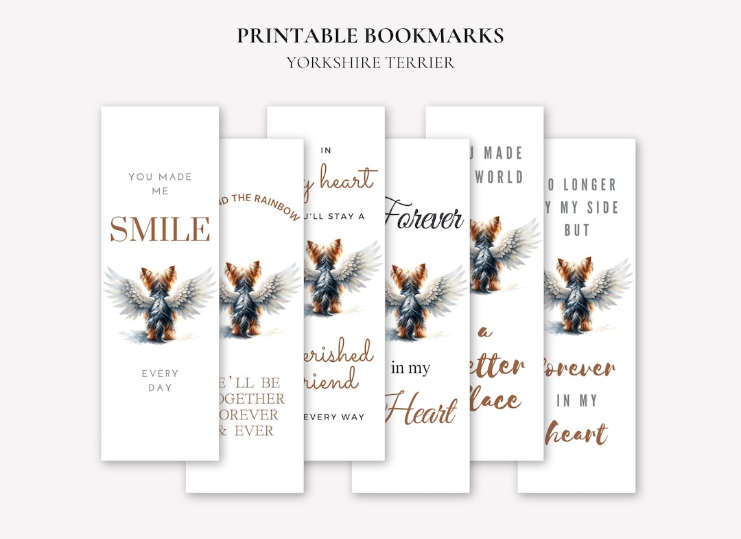 Yorkshire Terrier Angel Wings Printable Bookmarks, Digital Dog Bookmark ...