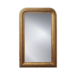 May include: A rectangular wall mirror with a gold-colored, ornate frame. The frame has a rounded top and a detailed, textured design. The mirror's reflective surface is visible within the frame.