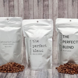 Personalized Wedding Favors, The Perfect Blend Coffee Bags,  Bridal Shower Favors, Coffee Favors in Bulk, Silver Stand Up Coffee Pouches