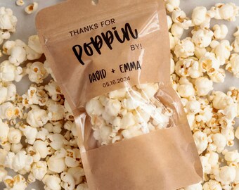 50 Pieces "Thanks For Popping By" Favor Bags with Stickers, Custom Wedding Popcorn Bags, Snack Treat Bags, Stand-Up Zip Pouch Favors